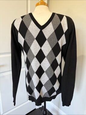 Men's Argyle V-Neck Cardigan Sweater — Black & Gray, Size Medium